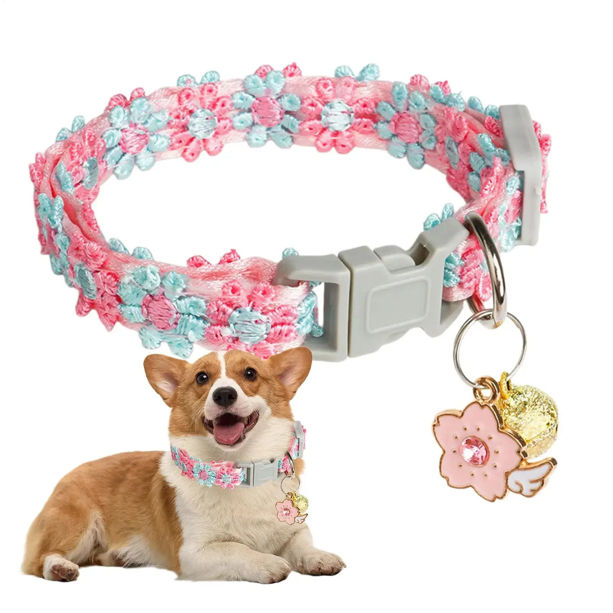A small brown and white dog is sitting next to a pink and blue cherry blossom embroidered safety collar with a bell.