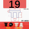 Black and white silicone rubber hole plugs shown next to a dimensioned diagram for the XY-8050 product.
