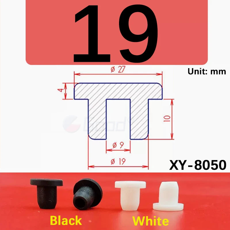 Black and white silicone rubber hole plugs shown next to a dimensioned diagram for the XY-8050 product.