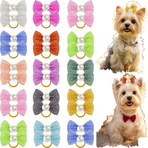 A collection of 30 puppy dog bow knots in various colors and textures for hair grooming.