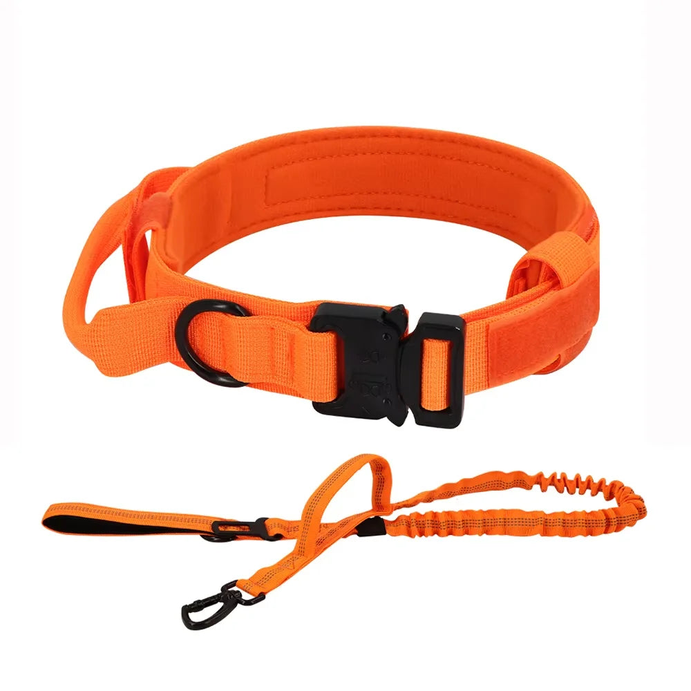 Orange tactical dog training collar and leash set with a black handle