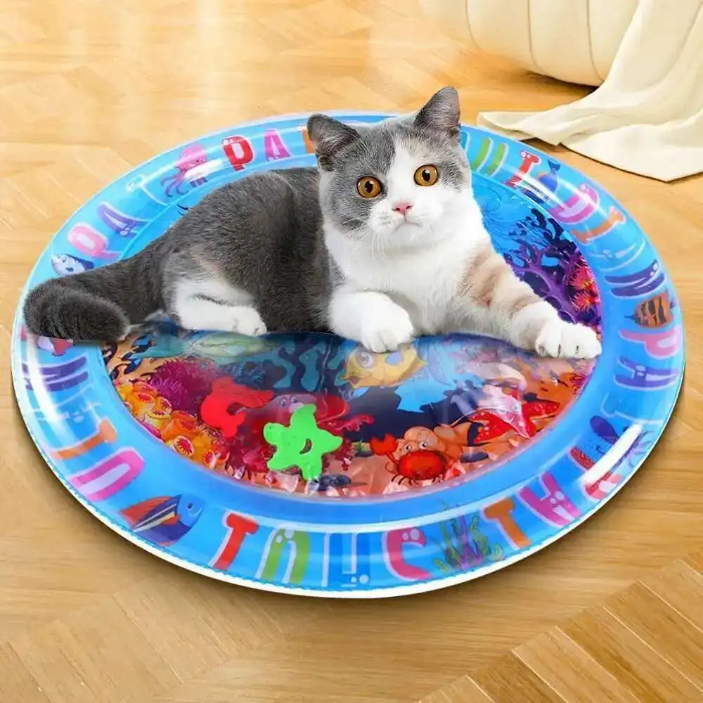 A gray and white cat is lying on a blue plastic plate decorated with colorful patterns.