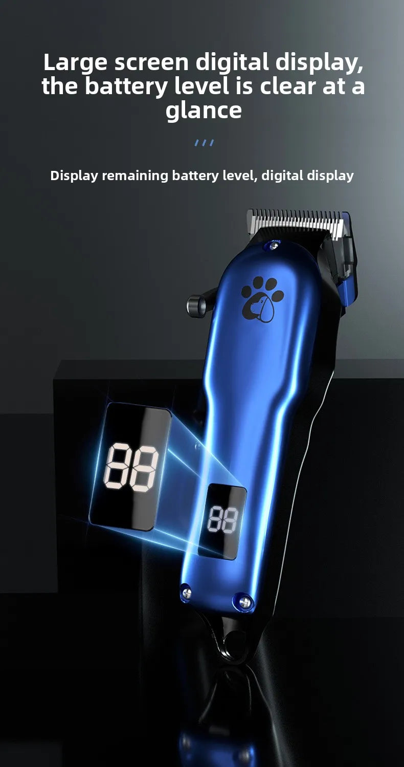 A close-up of a blue pet hair clipper showing a digital display indicating 88% battery level.