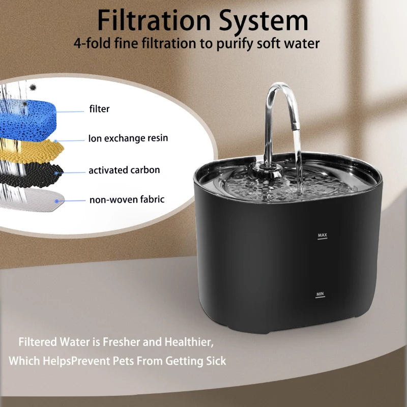 A black cat water fountain with a stainless steel faucet and filtration system for purifying water.