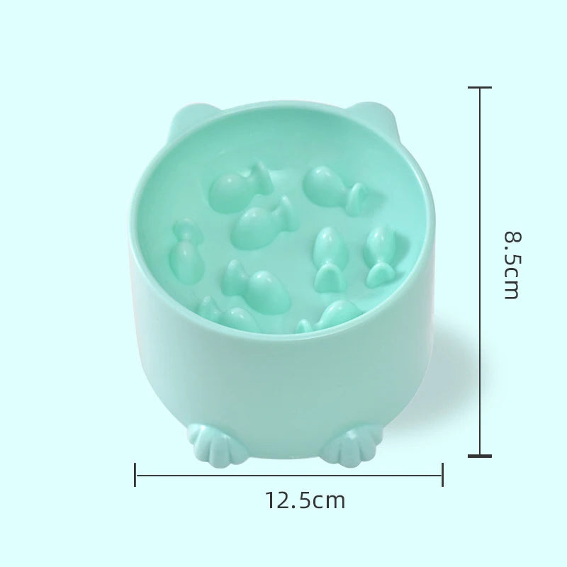 A light mint green anti-choking slow feeder bowl for pets, showing the bowl and its dimensions.