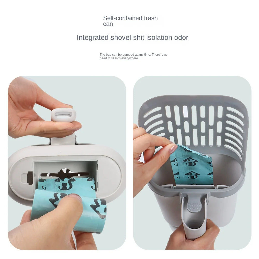 A hand is shown using a self-contained trash can for cat litter, demonstrating the integrated shovel and isolation odor featu
