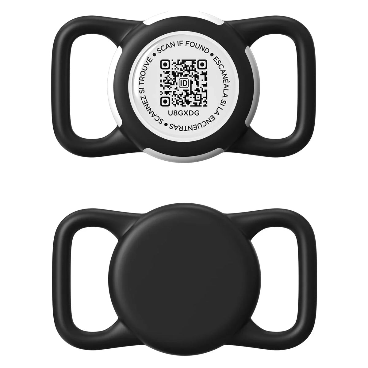 A black silicone airtag holder with a white circular surface featuring a QR code for identification.