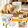 A fluffy orange and white cat is drinking water from an automatic gravity pet water fountain with a clear bowl.
