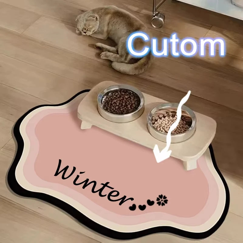 A cute diatomaceous mud pet feeding mat with a non-slip base is shown on a wooden floor.