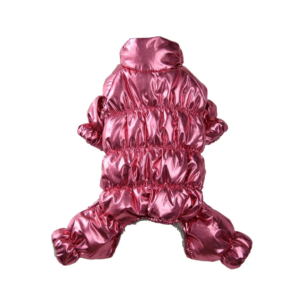 A pink waterproof fleece-lined dog jumpsuit with full coverage.