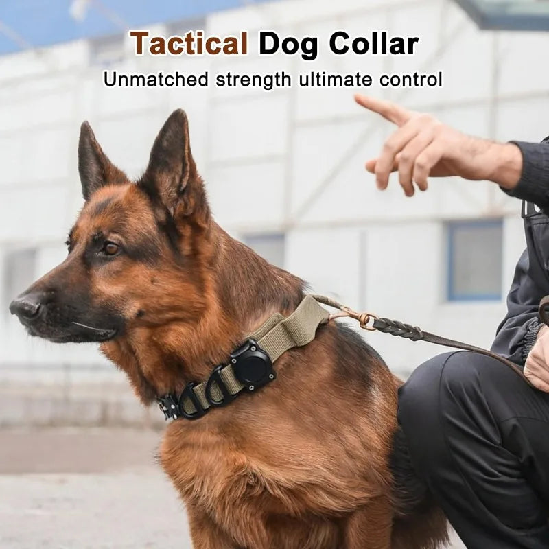 A brown German Shepherd wearing a tactical dog collar with a control handle and airtag holder.