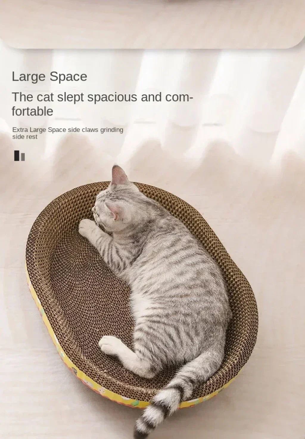 A tabby cat is resting in a large, round, woven scratching post designed for furniture protection.
