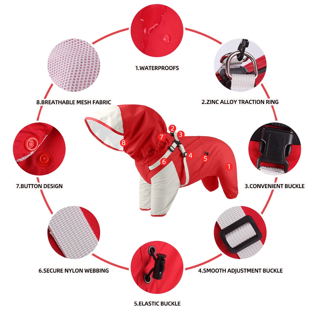 Double-Layer Waterproof Dog Raincoat with Built-in Harness and Detachable Hood