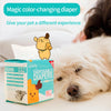 A box of magic color-changing disposable diapers for pets next to a dog's face.