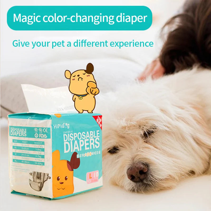 A box of magic color-changing disposable diapers for pets next to a dog's face.