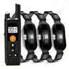 A black rechargeable remote dog training collar with an LCD display and attached straps.
