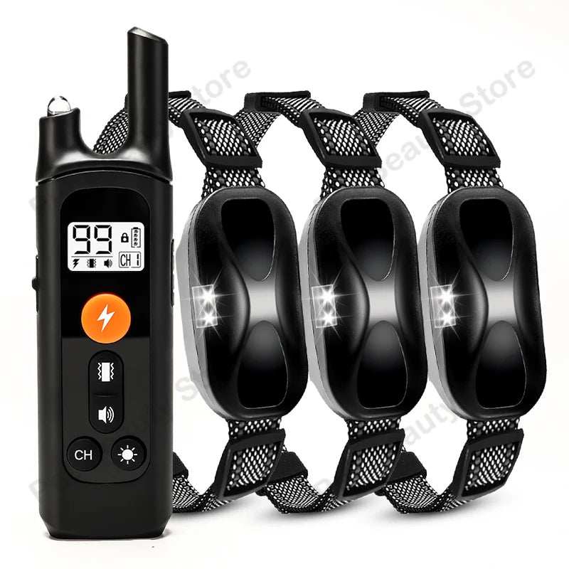 A black rechargeable remote dog training collar with an LCD display and attached straps.