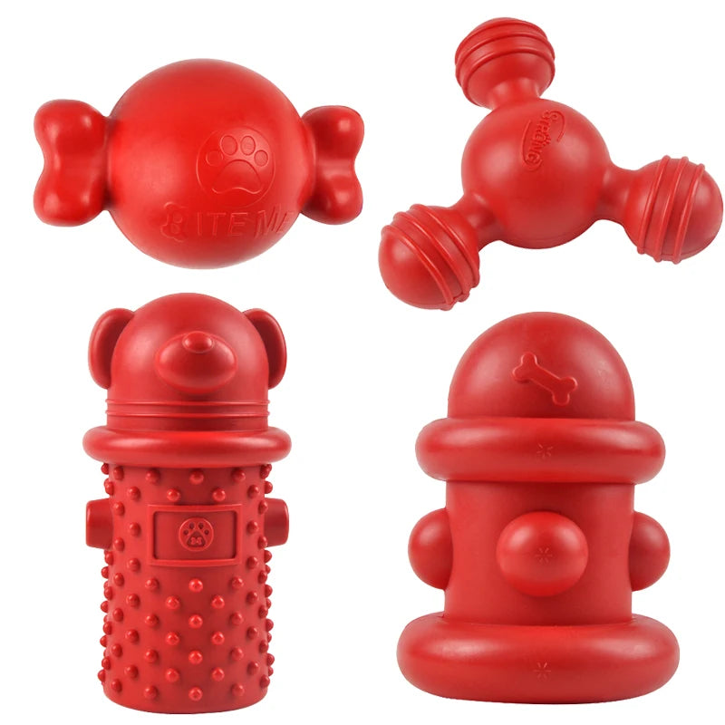 Red durable bite-resistant dog chew toys for teeth cleaning and gum massage in various shapes