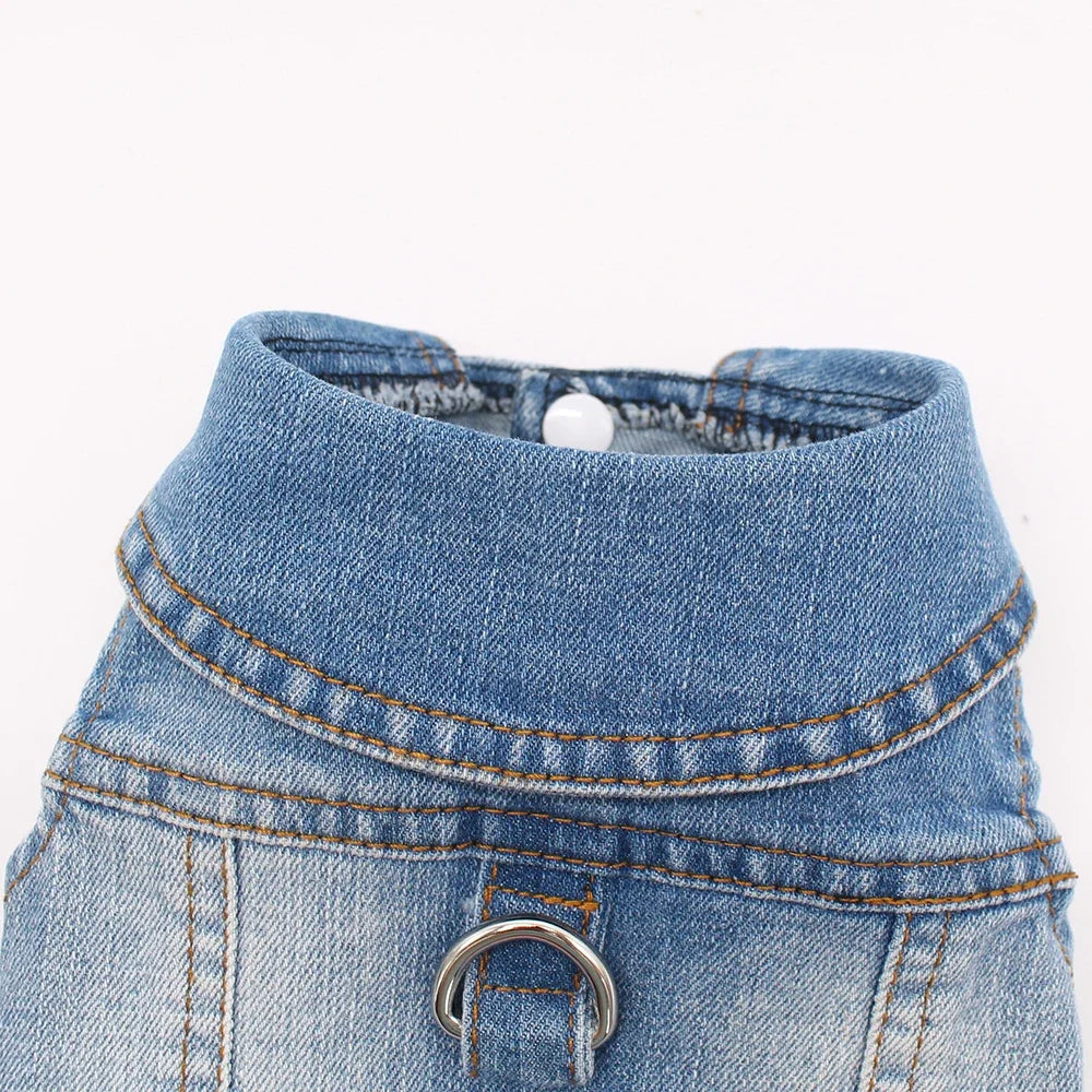 Classic Denim Dog Jacket with Harness and Leash Ring