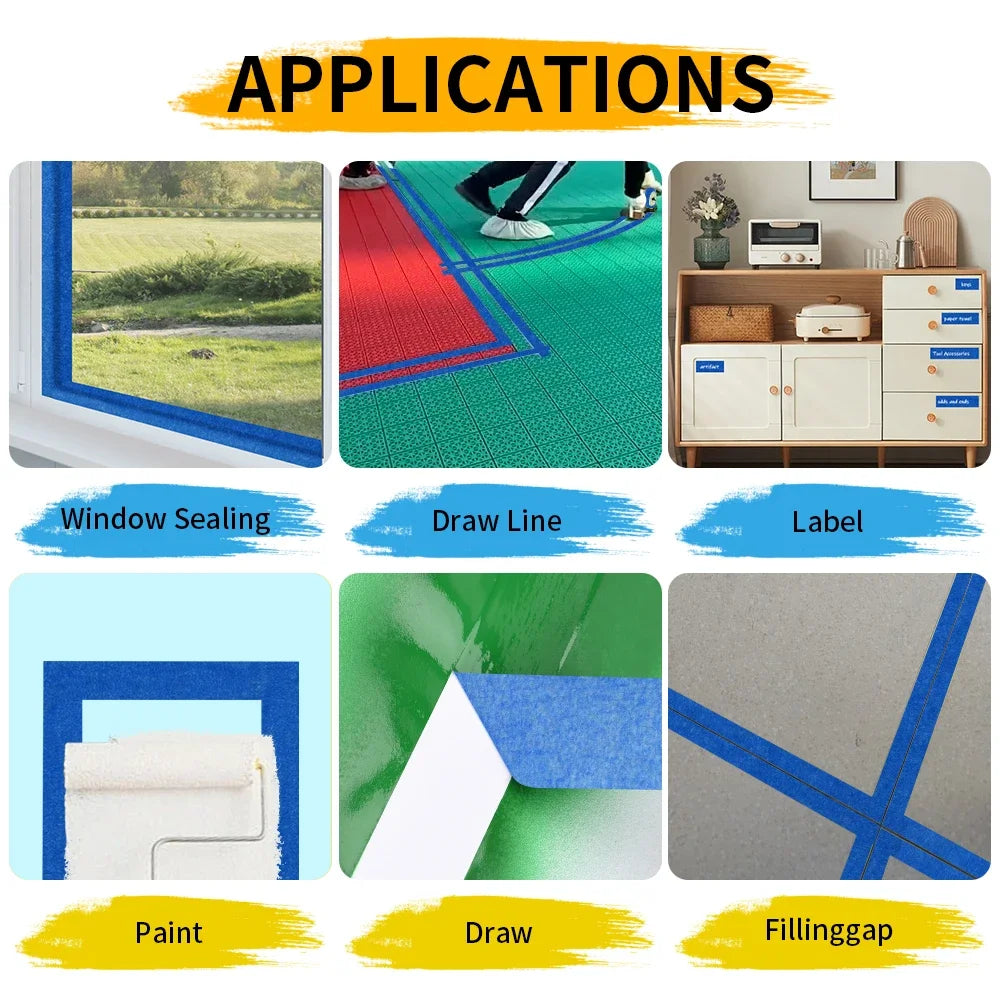 Demonstration of orange multi-surface masking tape applications including window sealing, draw line, label, paint, draw, and 