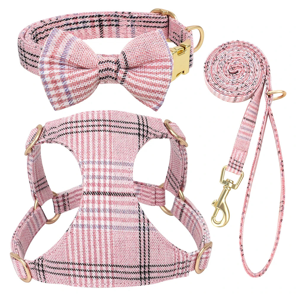 Classic Plaid Dog Collar, Harness & Leash Set with Bowtie