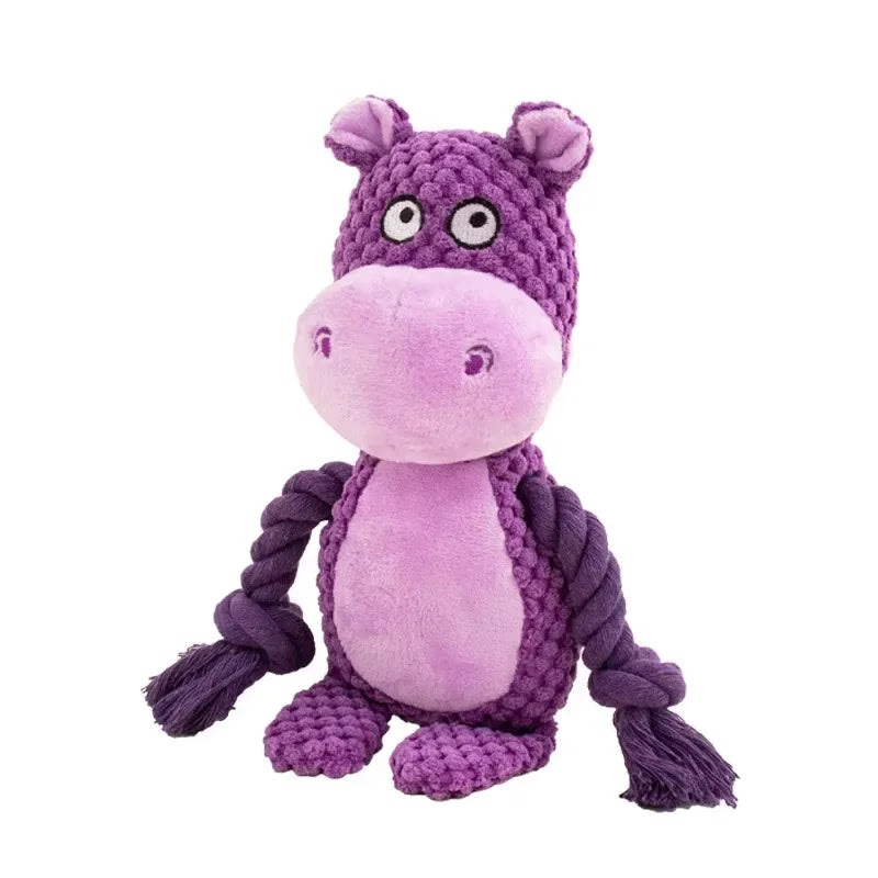 A purple plush toy shaped like a horse with a braided rope mane and tail.