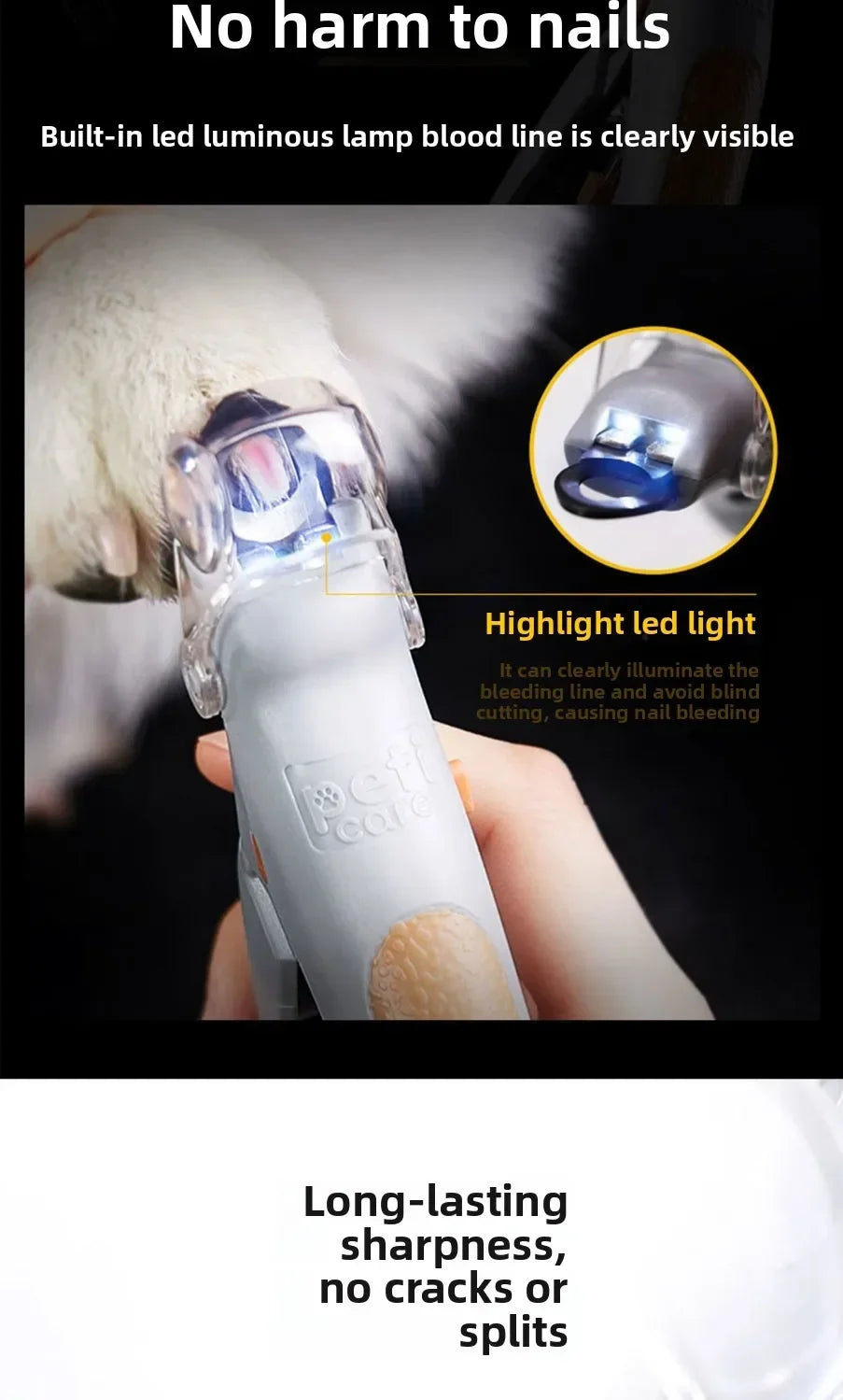 Close-up of stainless steel pet nail clippers showing a visible blood line illuminated by an LED light.