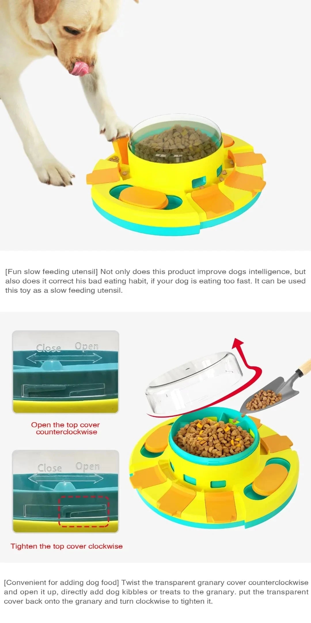 A yellow interactive dog slow feeding utensil with a transparent granny cover and feeder components.