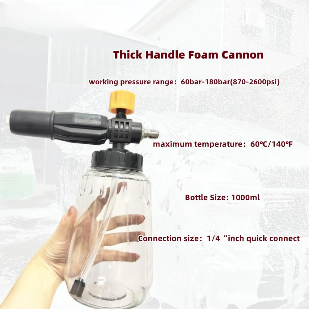 A hand holds a thick handle foam cannon connected to a 1000ml bottle for pressure washing.