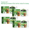A set of four tubes of dental powder for dogs, packaged in green and black containers.