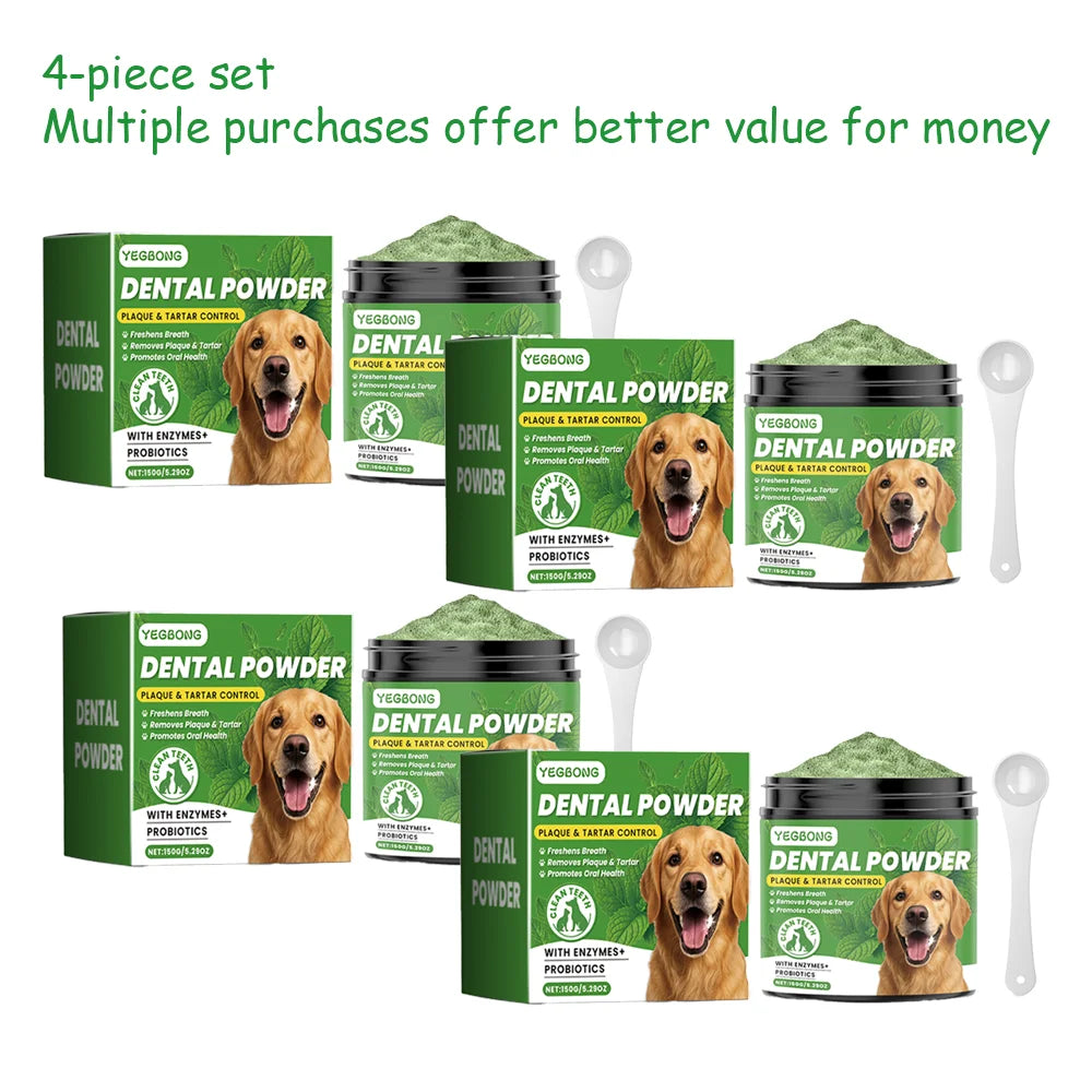 A set of four tubes of dental powder for dogs, packaged in green and black containers.