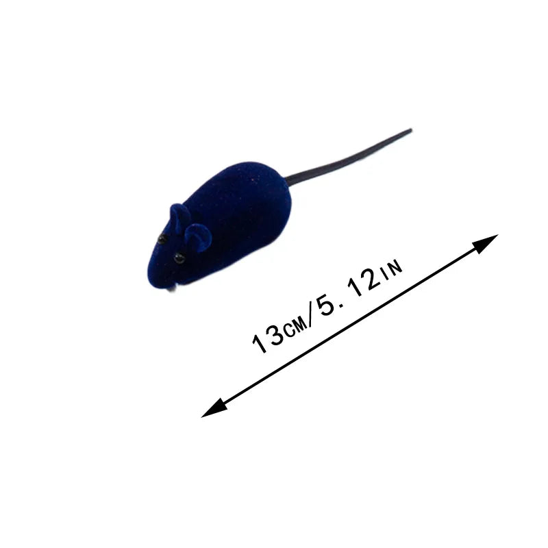 A dark blue interactive squeaking mouse toy for cats with a long tail.
