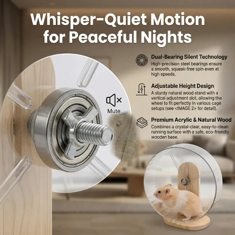 Silent Acrylic Hamster Running Wheel with Wooden Stand