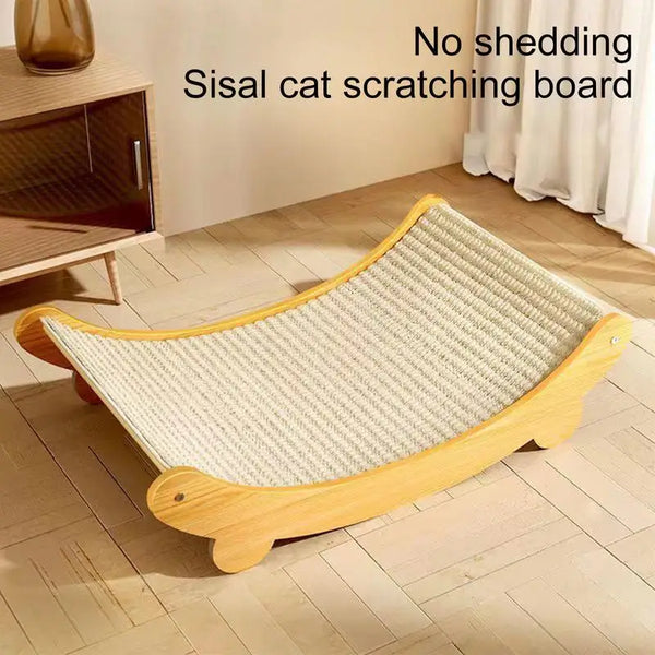 A light beige sisal cat scratching board lounger made of wood, designed for cats.