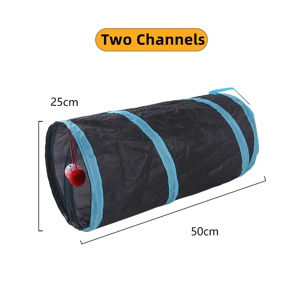 Tunnel jouet pour chat en tissu noir avec deux canaux, vue de côté.