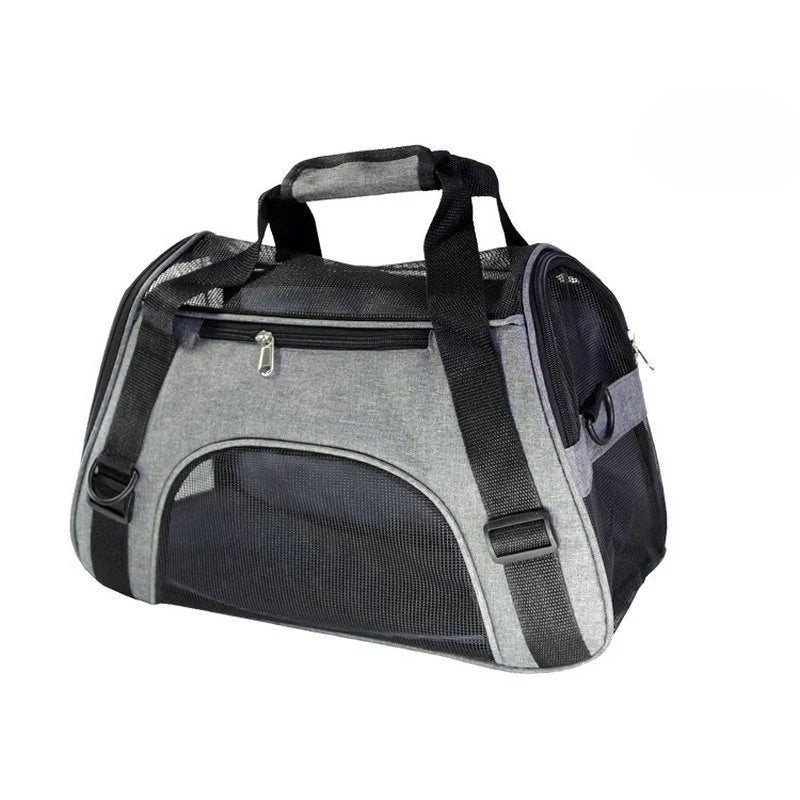 A gray and black breathable soft-sided pet carrier bag with a handle.