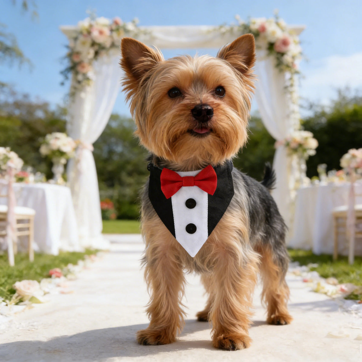 A fluffy brown dog wearing an elegant black collar with a red bow tie bandana, standing in a garden setting.
