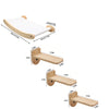 Wall-mounted cat hammock and climbing shelf with a sisal scratching post in light wood color.