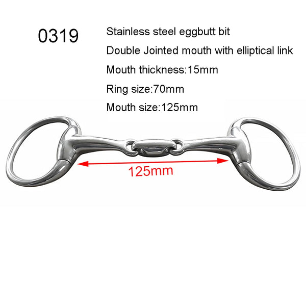 Stainless steel eggbutt bit with a double-jointed mouth and an elliptical link, measuring 125mm.