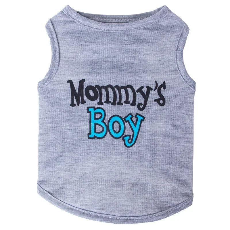 A gray sleeveless vest for a baby boy with the text Mommy's Boy printed on the front.