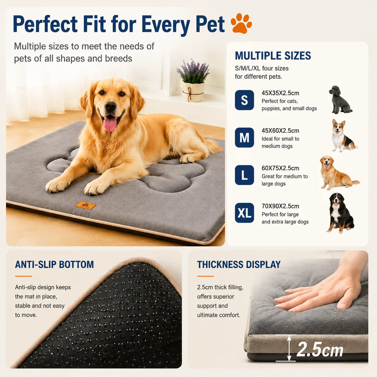 1680D Oxford Waterproof Dog Bed Mat with Sponge Cushion