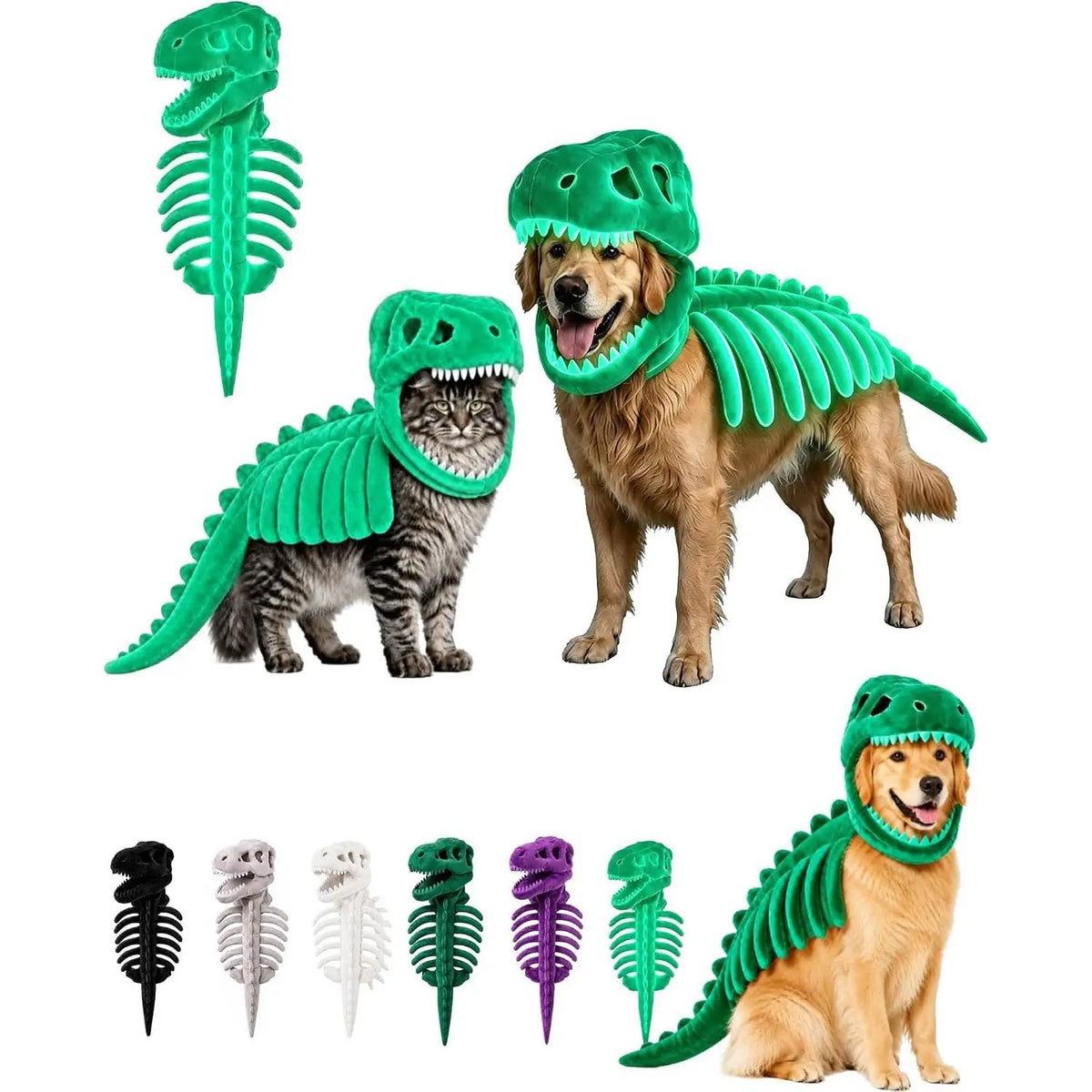 A collection of cute dinosaur skeleton pet costumes for dogs and cats in various shades of green and purple.