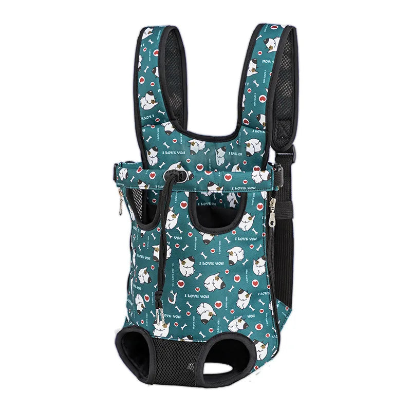 A dark green outdoor camouflage dog carrier backpack featuring a pattern of white dogs and hearts.
