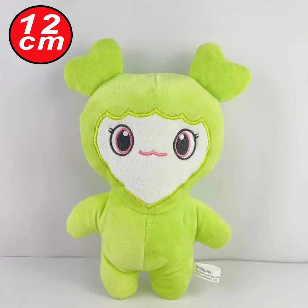 A bright lime green plush toy shaped like a cute, round creature with large eyes and pointed ears.