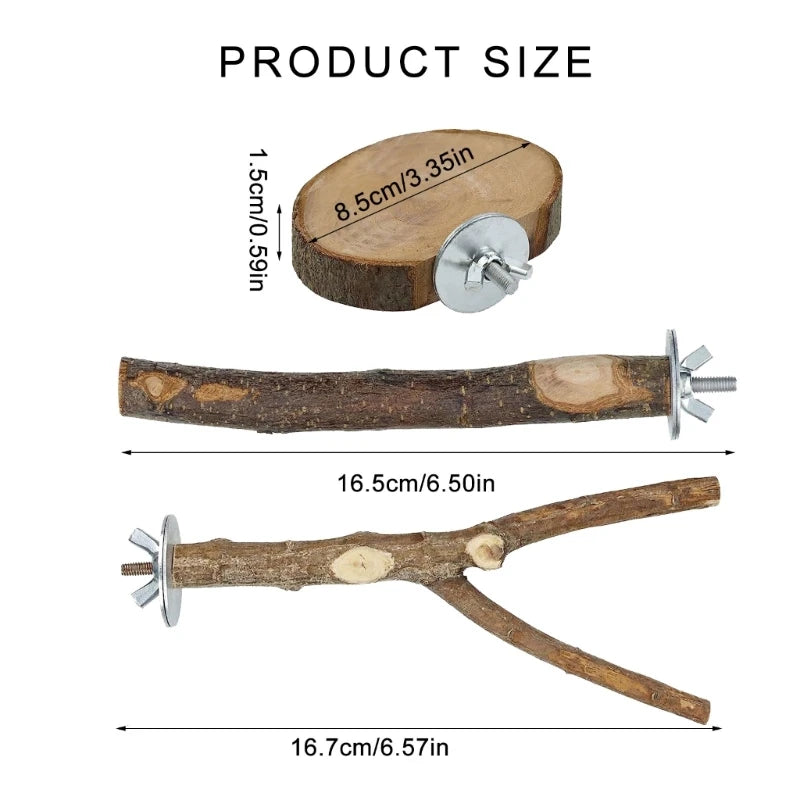 A set of wooden parrot perches, including a round stand and a long branch piece.