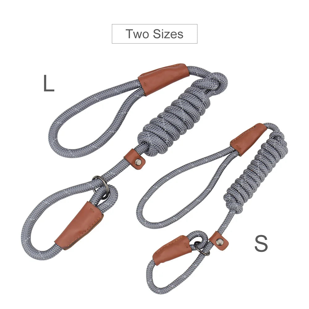 Two sizes of reflective P-shape dog leashes, labeled L and S.