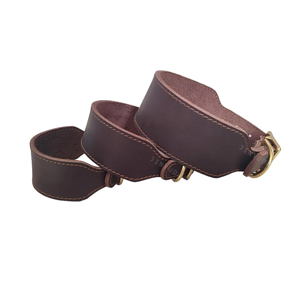 A brown genuine leather extra wide dog collar with brass hardware.