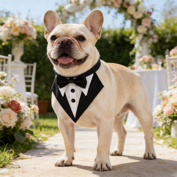 A light-colored French Bulldog wearing a black tuxedo bowtie and bandana, standing outdoors.