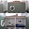 A gray pet door flap is installed in a cabinet, showing its use for cats and dogs.