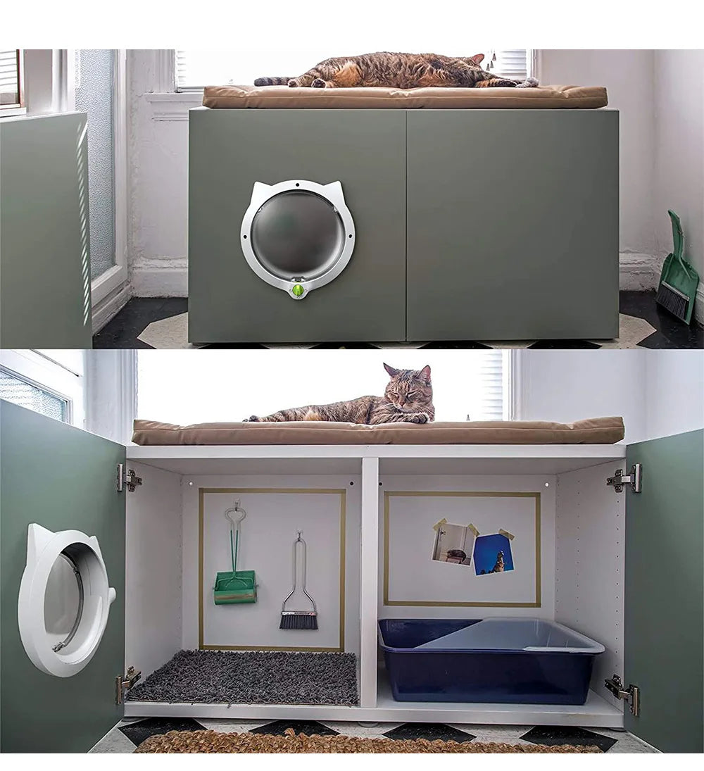 A gray pet door flap is installed in a cabinet, showing its use for cats and dogs.